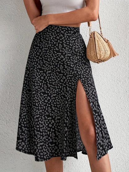 Boho Floral Print Split Skirts, Elegant High Waist Midi Skirts For Spring & Summer, Women's Clothing