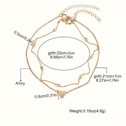 Elegant Double-Layered Beaded Heart Anklet for Women - Golden-Tone Alloy with Floating Beads, Perfect for Summer Beach & Casual Attire