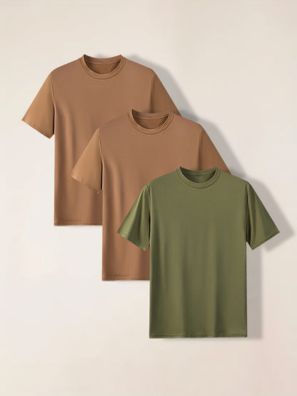 3-Pack Mens Short Sleeve T-shirt Set - Comfortable Solid Stretch, Round Neck, Casual Style - Breathable Summer Clothing for Everyday Wear