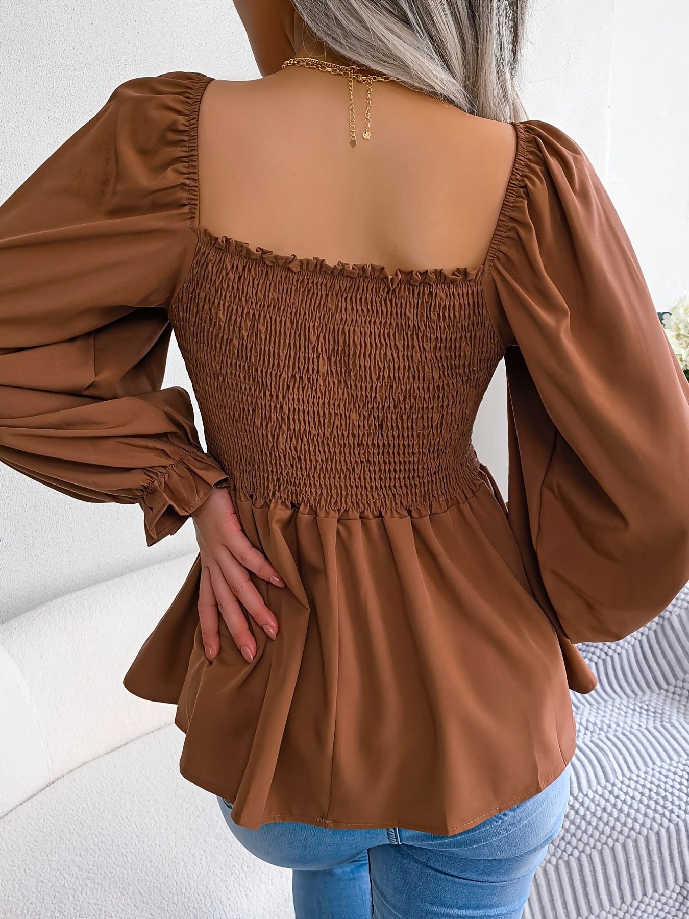[Chic Blouse] Soft Chiffon Women's Casual Chic Square Neck Blouse | Long Sleeve Top with Flared Sleeves & Ruffled Hem - Solid Color, Machine Washable, Autumn Apparel, Versatile Clothing