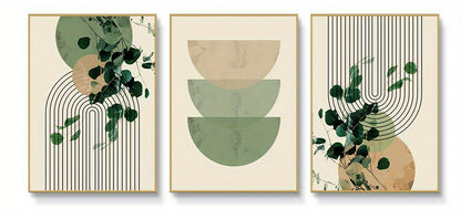 3pcs Boho Green Plant Eucalyptus Leaf Geometry Graphic Art Poster - Retro Canvas Print For Modern Wall Decor In Living Room And Home