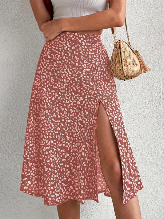 Boho Floral Print Split Skirts, Elegant High Waist Midi Skirts For Spring & Summer, Women's Clothing