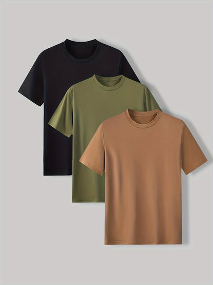 3-Pack Mens Short Sleeve T-shirt Set - Comfortable Solid Stretch, Round Neck, Casual Style - Breathable Summer Clothing for Everyday Wear