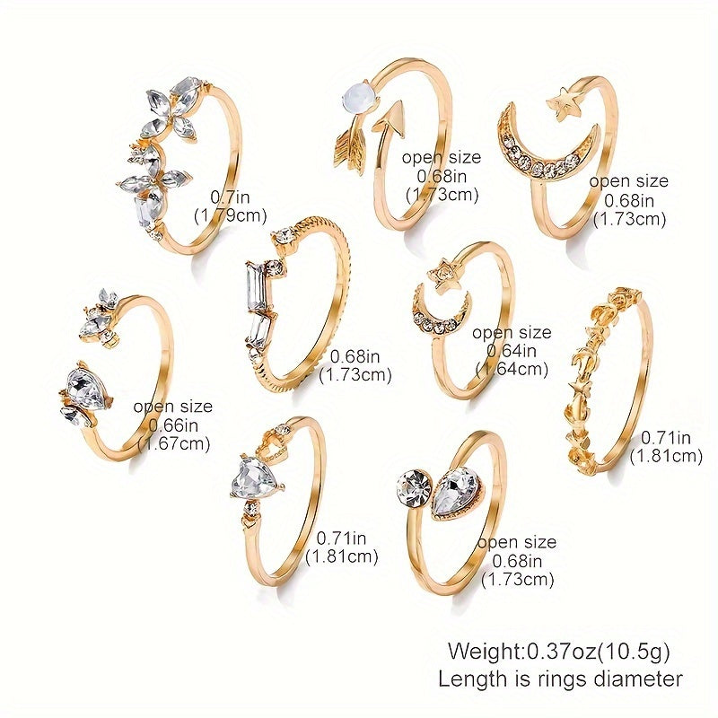 9-Piece Shimmering Rhinestone Knuckle Ring Set - Elegant Alloy Stackable Rings with Inlaid Design for Party Favors, Wedding Gifts, and Everyday Wear