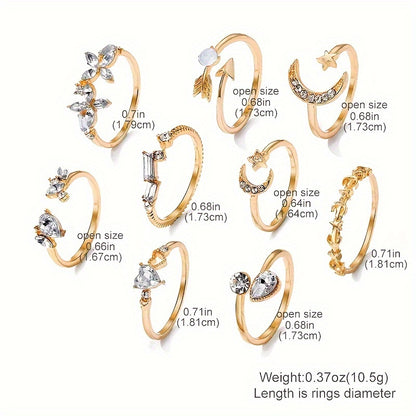 9-Piece Shimmering Rhinestone Knuckle Ring Set - Elegant Alloy Stackable Rings with Inlaid Design for Party Favors, Wedding Gifts, and Everyday Wear
