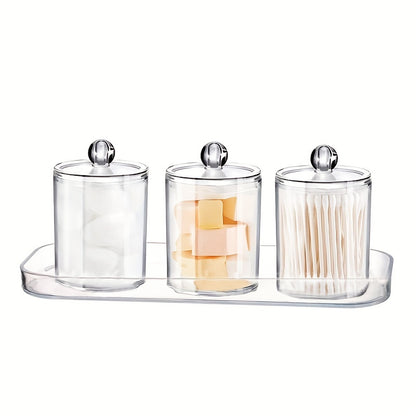 1pc/3pcs 10oz Swab/Ball/Pad Holder with Vanity Tray, Qtip Apothecary Jar, Clear Bathroom Containers Dispenser for Storage with 3 Pack Lids, Canisters