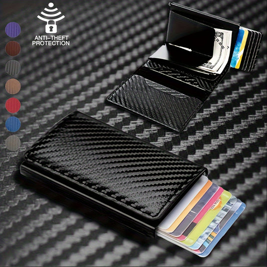 OBCREATOR Carbon Fiber RFID Blocking Wallet, Slim Metal Pop-Up Credit Card Holder, Aluminum Alloy, Non-Braided, Simple Style, Black, Minimalist Design for Men