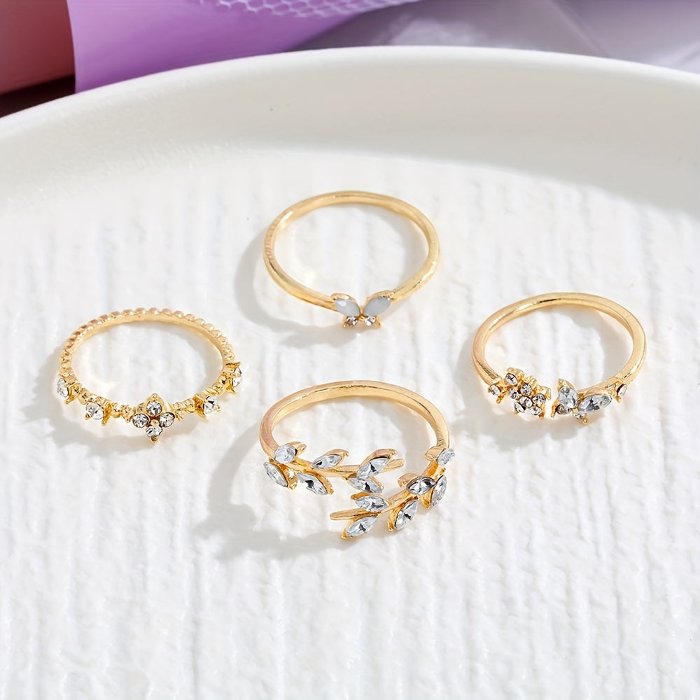 4PCS Dazzling Gemstone Stacking Rings - Adjustable Leaf/Butterfly/Flower Designs - Fashion-Forward Party Accessories for Daily Wear and Mix & Match