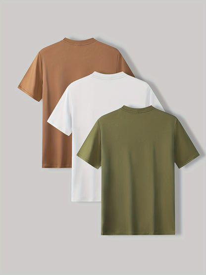 3-Pack Mens Short Sleeve T-shirt Set - Comfortable Solid Stretch, Round Neck, Casual Style - Breathable Summer Clothing for Everyday Wear