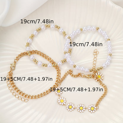4pcs/Set Delicate Daisy Flower Charm & Faux Pearl Chain Bracelet Alloy Hand Jewelry Gift