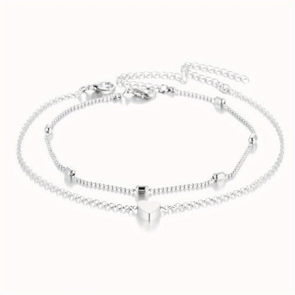 Elegant Double-Layered Beaded Heart Anklet for Women - Golden-Tone Alloy with Floating Beads, Perfect for Summer Beach & Casual Attire