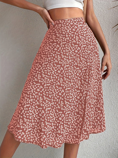Boho Floral Print Split Skirts, Elegant High Waist Midi Skirts For Spring & Summer, Women's Clothing