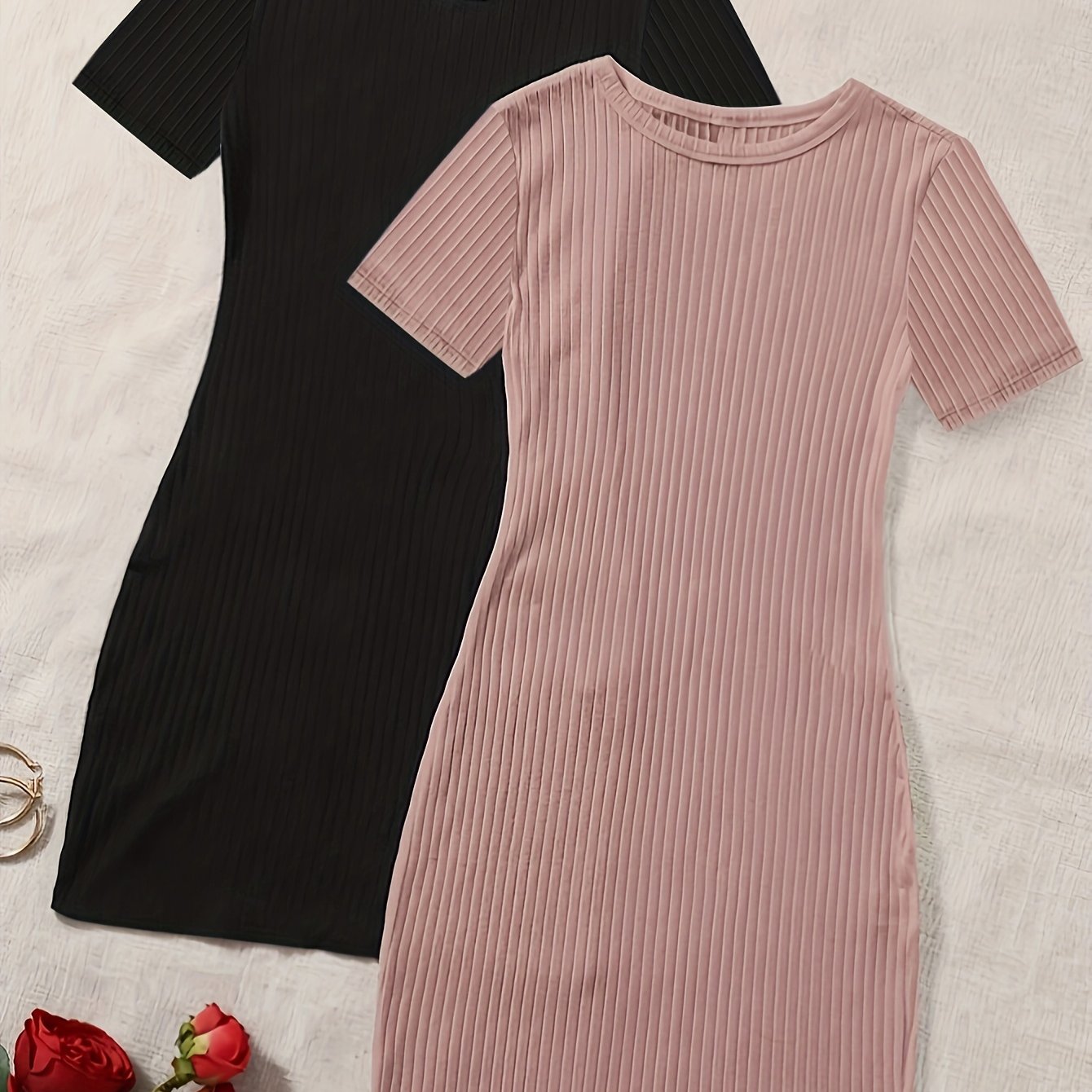 Solid 2 Packs Dresses, Casual Crew Neck Short Sleeve Dress, Women's Clothing