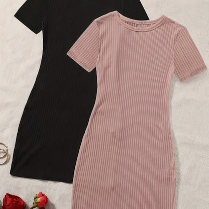 Solid 2 Packs Dresses, Casual Crew Neck Short Sleeve Dress, Women's Clothing
