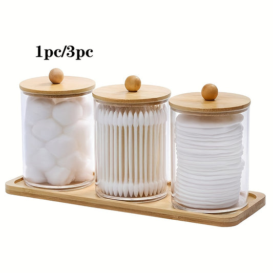 1pc/3pcs 10oz Swab/Ball/Pad Holder with Vanity Tray, Qtip Apothecary Jar, Clear Bathroom Containers Dispenser for Storage with 3 Pack Lids, Canisters