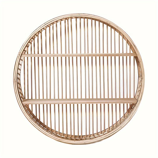1pc, Round Bamboo Wall Shelf, Rustic Handmade Circular Wall Hanging, Retro Style, Multi-Tiered Home Decor, Lightweight Storage And Display, Versatile For Home & Office Use