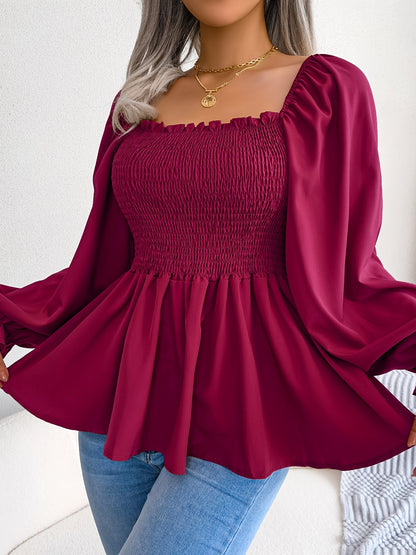 [Chic Blouse] Soft Chiffon Women's Casual Chic Square Neck Blouse | Long Sleeve Top with Flared Sleeves & Ruffled Hem - Solid Color, Machine Washable, Autumn Apparel, Versatile Clothing