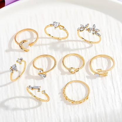 9-Piece Shimmering Rhinestone Knuckle Ring Set - Elegant Alloy Stackable Rings with Inlaid Design for Party Favors, Wedding Gifts, and Everyday Wear