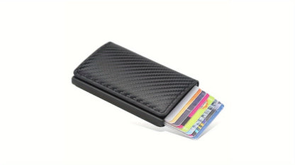 OBCREATOR Carbon Fiber RFID Blocking Wallet, Slim Metal Pop-Up Credit Card Holder, Aluminum Alloy, Non-Braided, Simple Style, Black, Minimalist Design for Men