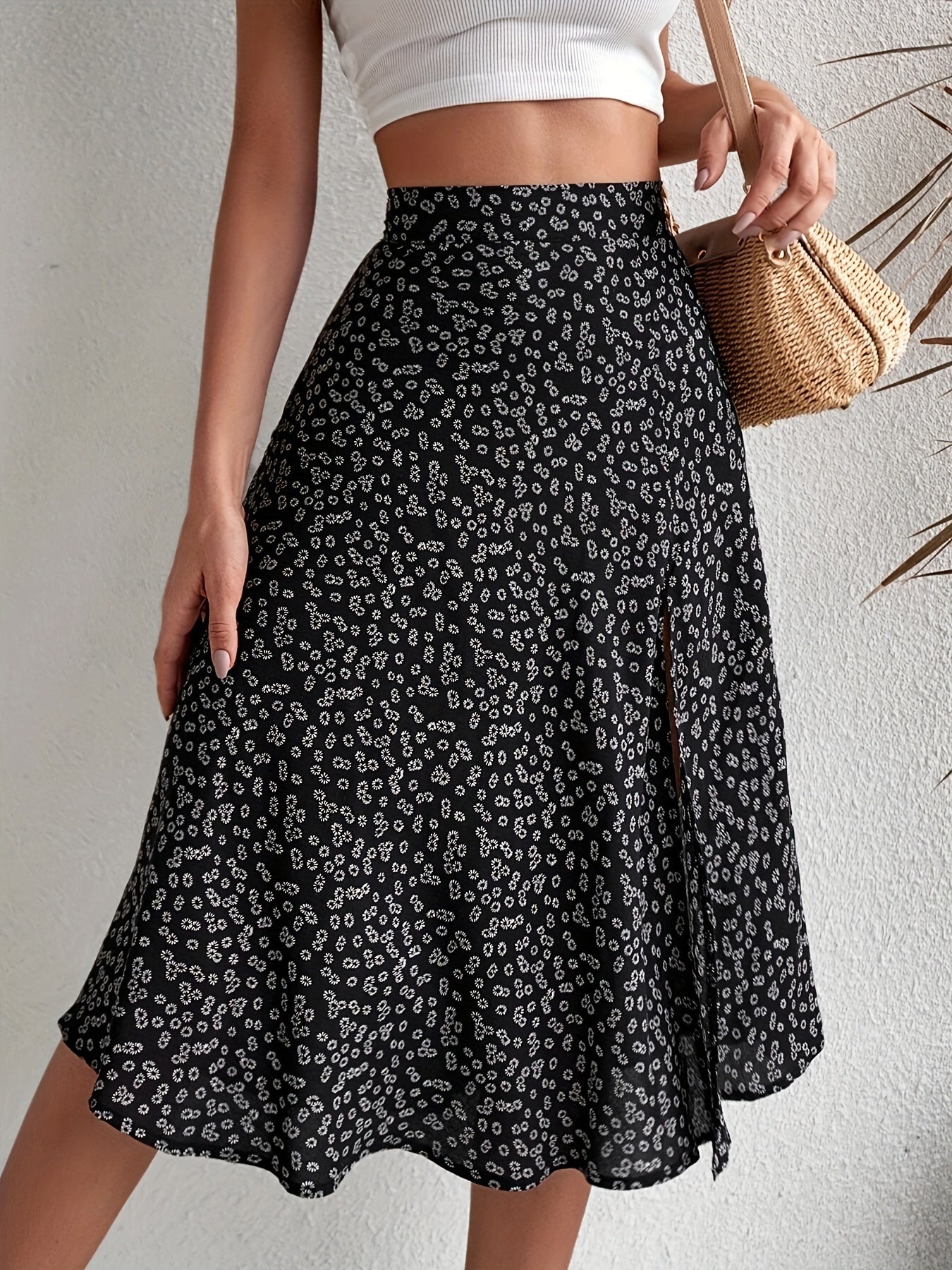 Boho Floral Print Split Skirts, Elegant High Waist Midi Skirts For Spring & Summer, Women's Clothing