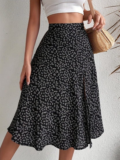Boho Floral Print Split Skirts, Elegant High Waist Midi Skirts For Spring & Summer, Women's Clothing