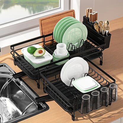 1pc Large Dish Drying Rack, Extendable Dish Rack, Multifunctional Dish Rack For Kitchen Counter, Anti-Rust Drying Dish Rack With Cutlery & Cup Holders, Home Kitchen Accessories