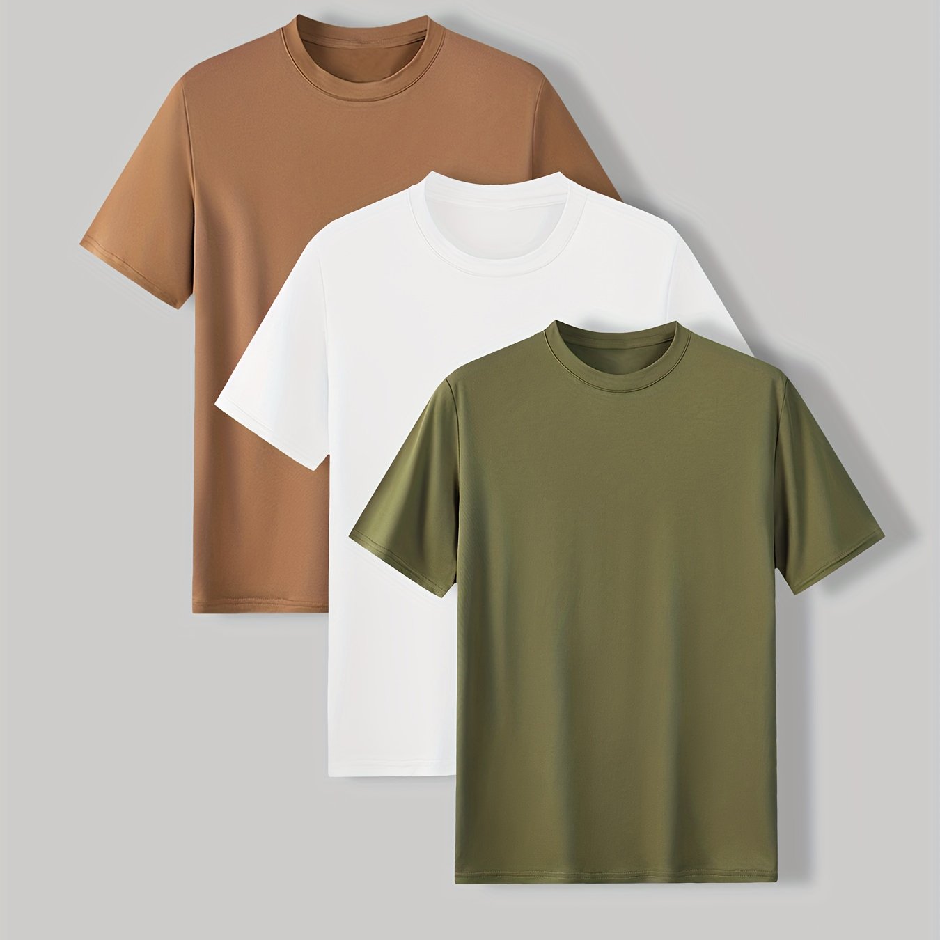 3-Pack Mens Short Sleeve T-shirt Set - Comfortable Solid Stretch, Round Neck, Casual Style - Breathable Summer Clothing for Everyday Wear
