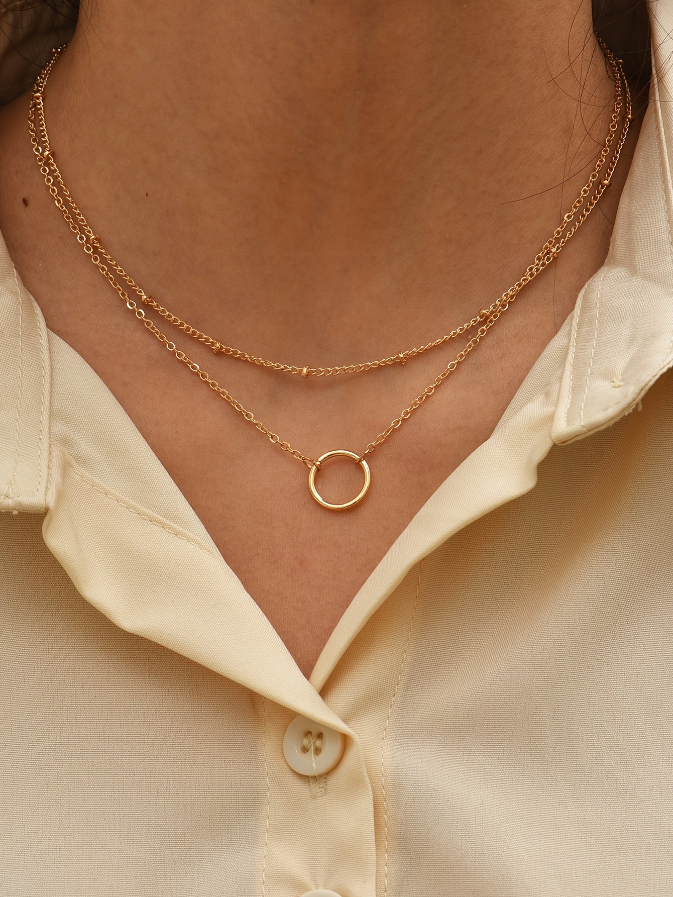 Boho Chic Women'S Golden-Tone Ring Necklace - Elegant Zinc Alloy Chain with Heart Charm, Perfect for Casual Attire or Gifting, Casual Jewelry|Boho Chic Style|Zinc Alloy Necklace
