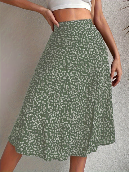 Boho Floral Print Split Skirts, Elegant High Waist Midi Skirts For Spring & Summer, Women's Clothing